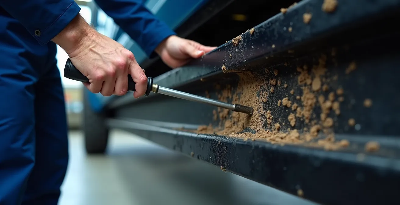Onderaanzicht van chassis met dikke zwarte beschermlaag waar doorheen geprikt wordt