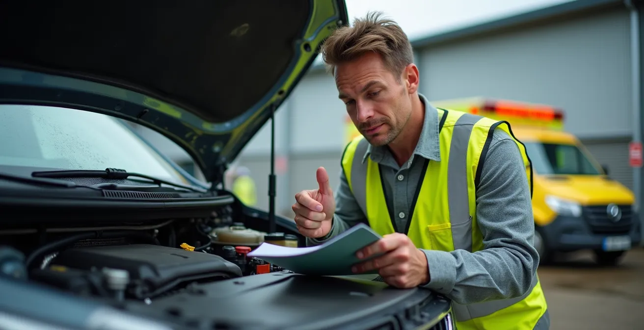 Verzekeringsexpert onderzoekt motorschade na waterincident