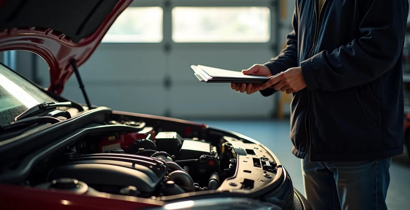 Expert inspecteert motorruimte van auto met zichtbare modder- en watersporen