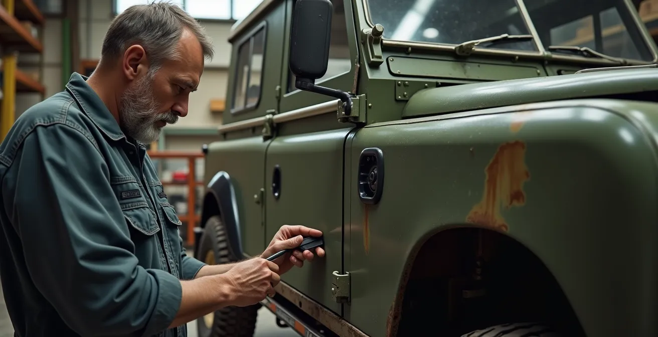 Vintage 4x4 tijdens technische keuring in Belgische werkplaats