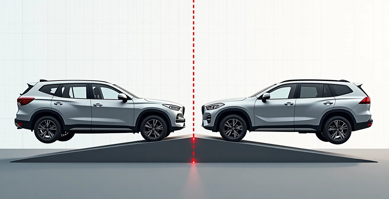 Vergelijking van buikhoek tussen lange Land Rover Defender 110 en korte Suzuki Jimny op rotsachtig terrein