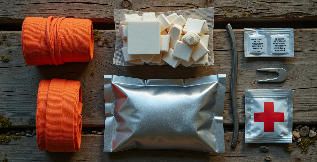 Uitgebreide wilderness first aid kit met tourniquet en hemostatisch gaas op houten ondergrond