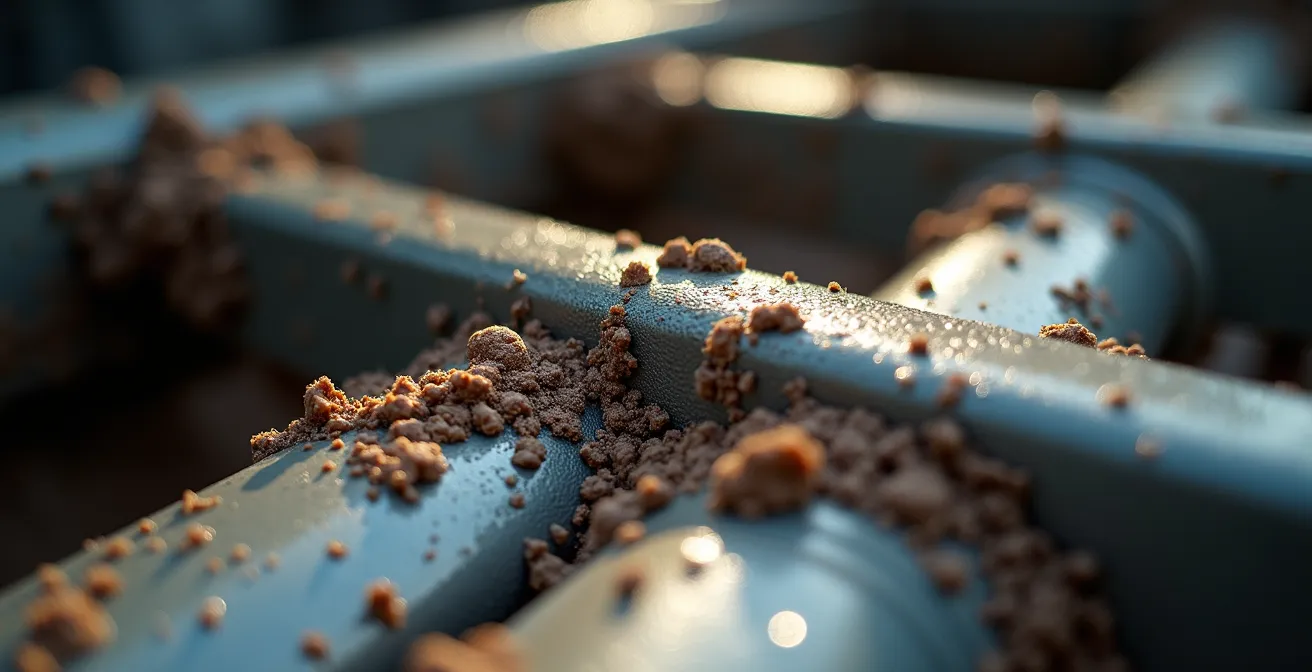 Macro opname van modderklonten op chassis balk met waterdruppels